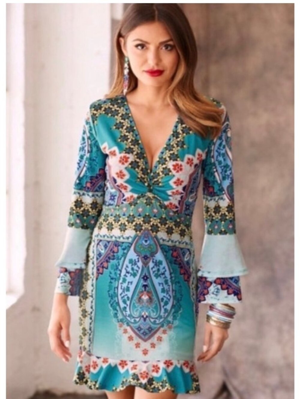 Hale Bob Teal Multi-Color Long Sleeve V-Neck Printed Dress